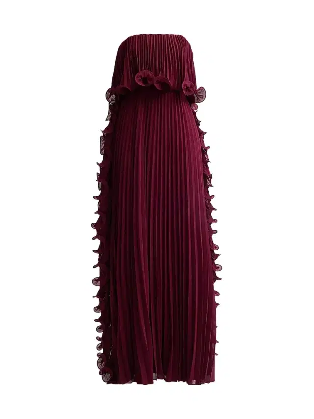Badgley Mischka Women's Ruffle Pleated Chiffon Strapless Gown - Wine