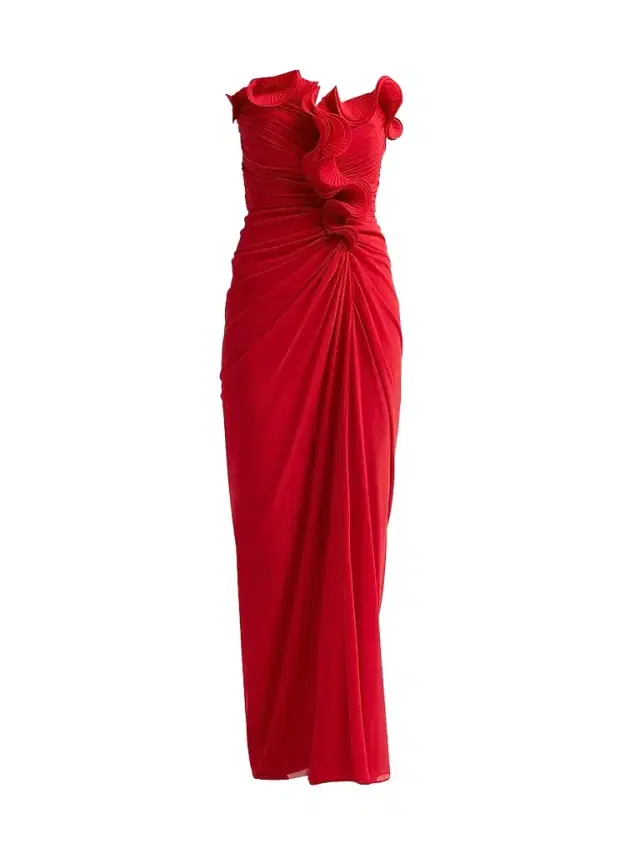 Badgley Mischka Women's Pleated Ruffle Chiffon Column Gown - Red