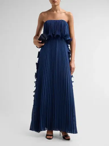 Badgley Mischka Women's Ruffle Pleated Chiffon Strapless Gown - Slate Blue | Thumbnail 2 Badgley Mischka Women's Ruffle Pleated Chiffon Strapless Gown - Slate Blue | Thumbnail 2