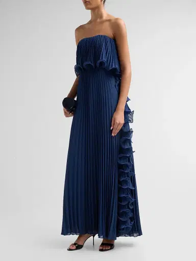 Badgley Mischka Women's Ruffle Pleated Chiffon Strapless Gown - Slate Blue | Thumbnail 4 Badgley Mischka Women's Ruffle Pleated Chiffon Strapless Gown - Slate Blue | Thumbnail 4