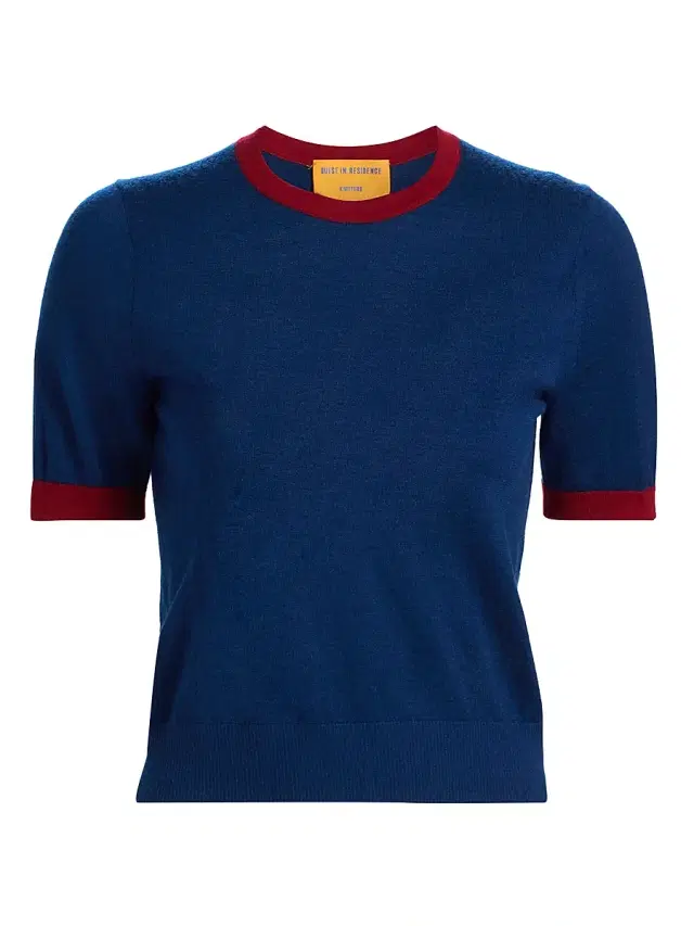 Guest in Residence Women's Airy Cashmere Knit Ringer T-Shirt - Navy Carmine