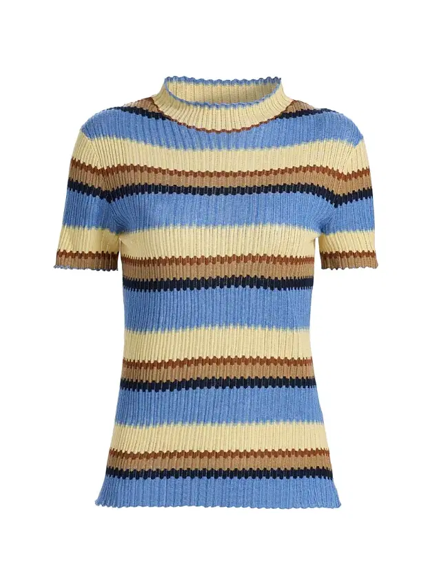 Guest in Residence Women's Palazzo Stripe Accordion Silk-Linen Knit Top - Delft Blue Combo