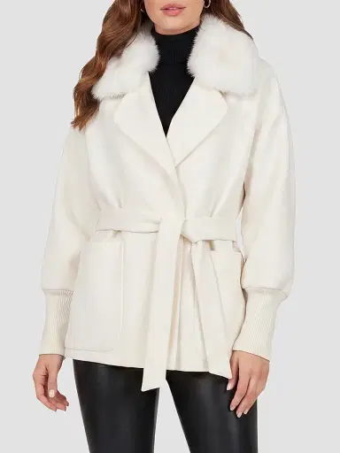Gorski Women's Fabric Jacket with Detachable Shearling Lamb Collar, Belt | Thumbnail 3 Gorski Women's Fabric Jacket with Detachable Shearling Lamb Collar, Belt | Thumbnail 3
