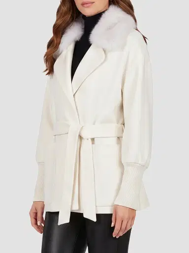 Gorski Women's Fabric Jacket with Detachable Shearling Lamb Collar, Belt | Thumbnail 4 Gorski Women's Fabric Jacket with Detachable Shearling Lamb Collar, Belt | Thumbnail 4