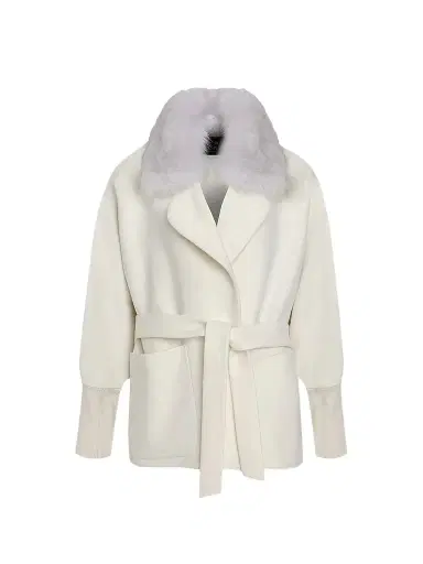 Gorski Women's Fabric Jacket with Detachable Shearling Lamb Collar, Belt | Thumbnail 1 Gorski Women's Fabric Jacket with Detachable Shearling Lamb Collar, Belt | Thumbnail 1