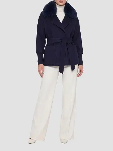 Gorski Women's Fabric Jacket with Detachable Shearling Lamb Collar, Belt | Thumbnail 2 Gorski Women's Fabric Jacket with Detachable Shearling Lamb Collar, Belt | Thumbnail 2