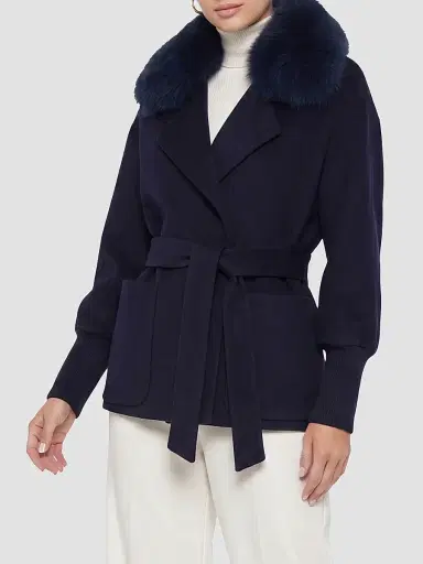 Gorski Women's Fabric Jacket with Detachable Shearling Lamb Collar, Belt | Thumbnail 3 Gorski Women's Fabric Jacket with Detachable Shearling Lamb Collar, Belt | Thumbnail 3