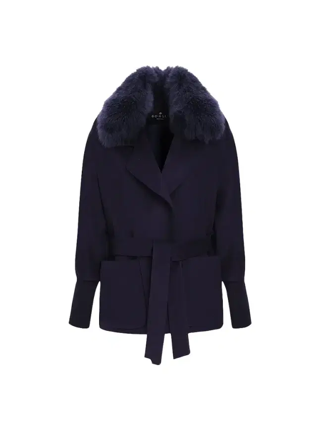 Gorski Women's Fabric Jacket with Detachable Shearling Lamb Collar, Belt - Navy