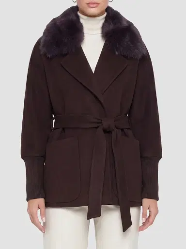 Gorski Women's Fabric Jacket with Detachable Shearling Lamb Collar, Belt - Dark Brown - Size XL | Thumbnail 2