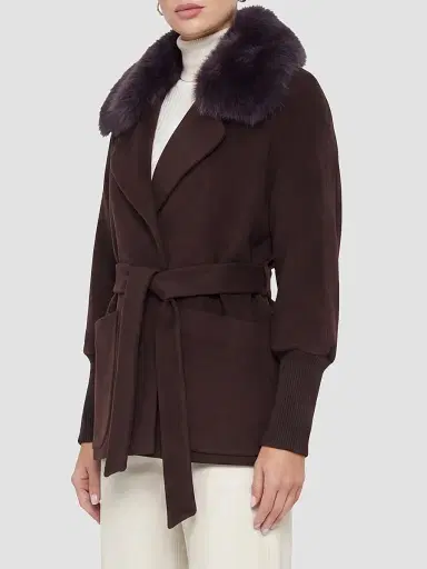 Gorski Women's Fabric Jacket with Detachable Shearling Lamb Collar, Belt - Dark Brown - Size XL | Thumbnail 3