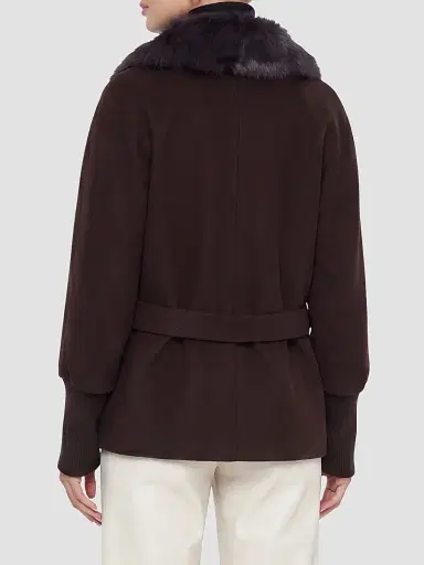 Gorski Women's Fabric Jacket with Detachable Shearling Lamb Collar, Belt - Dark Brown - Size XL | Thumbnail 4