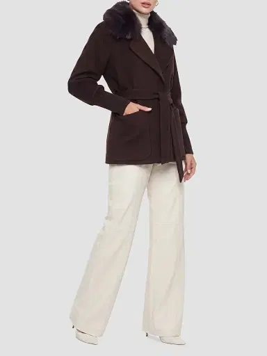 Gorski Women's Fabric Jacket with Detachable Shearling Lamb Collar, Belt - Dark Brown - Size XL | Thumbnail 5