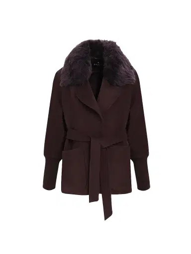 Gorski Women's Fabric Jacket with Detachable Shearling Lamb Collar, Belt - Dark Brown - Size XL | Thumbnail 1