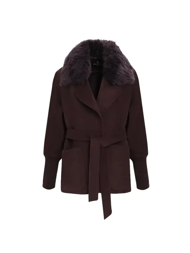 Gorski Women's Fabric Jacket with Detachable Shearling Lamb Collar, Belt - Dark Brown