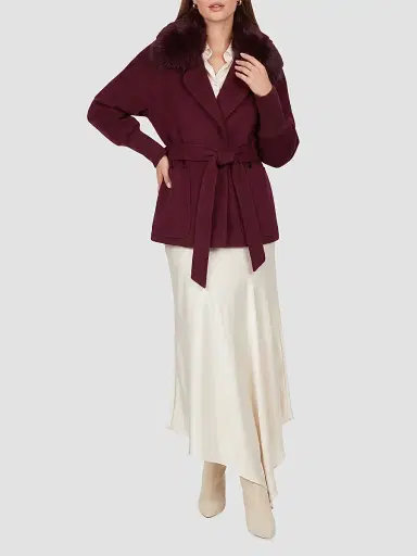 Gorski Women's Fabric Jacket with Detachable Shearling Lamb Collar, Belt - Burgundy - Size XL | Thumbnail 2