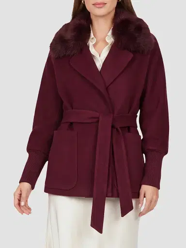 Gorski Women's Fabric Jacket with Detachable Shearling Lamb Collar, Belt - Burgundy - Size XL | Thumbnail 3