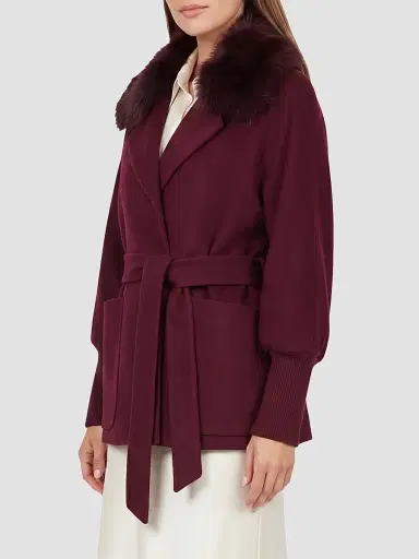 Gorski Women's Fabric Jacket with Detachable Shearling Lamb Collar, Belt - Burgundy - Size XL | Thumbnail 4