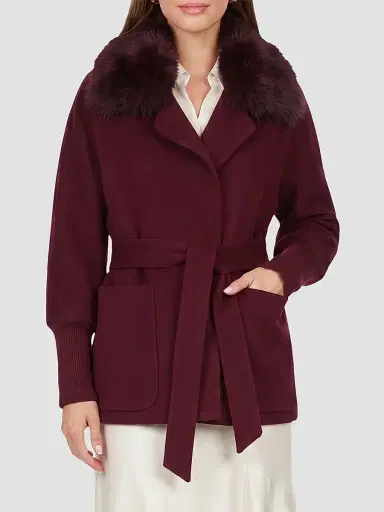 Gorski Women's Fabric Jacket with Detachable Shearling Lamb Collar, Belt - Burgundy - Size XL | Thumbnail 5