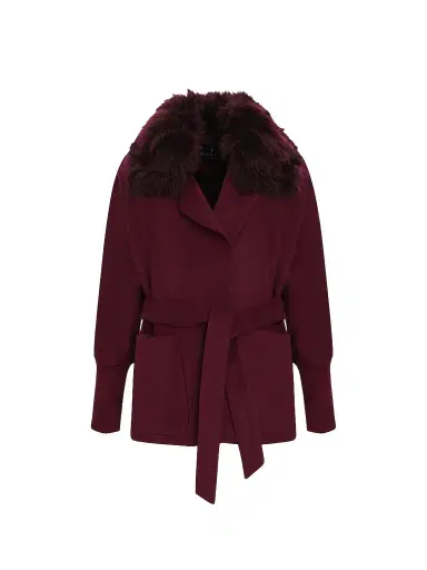 Gorski Women's Fabric Jacket with Detachable Shearling Lamb Collar, Belt - Burgundy - Size XL | Thumbnail 1