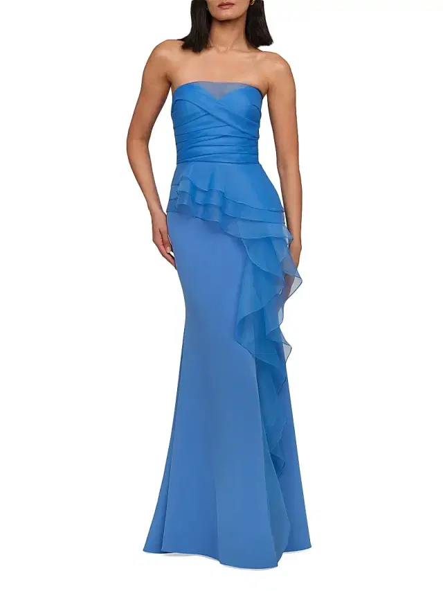 Theia Women's Morgan Organza-Ruffle Crepe Gown - Ocean Breeze Blue