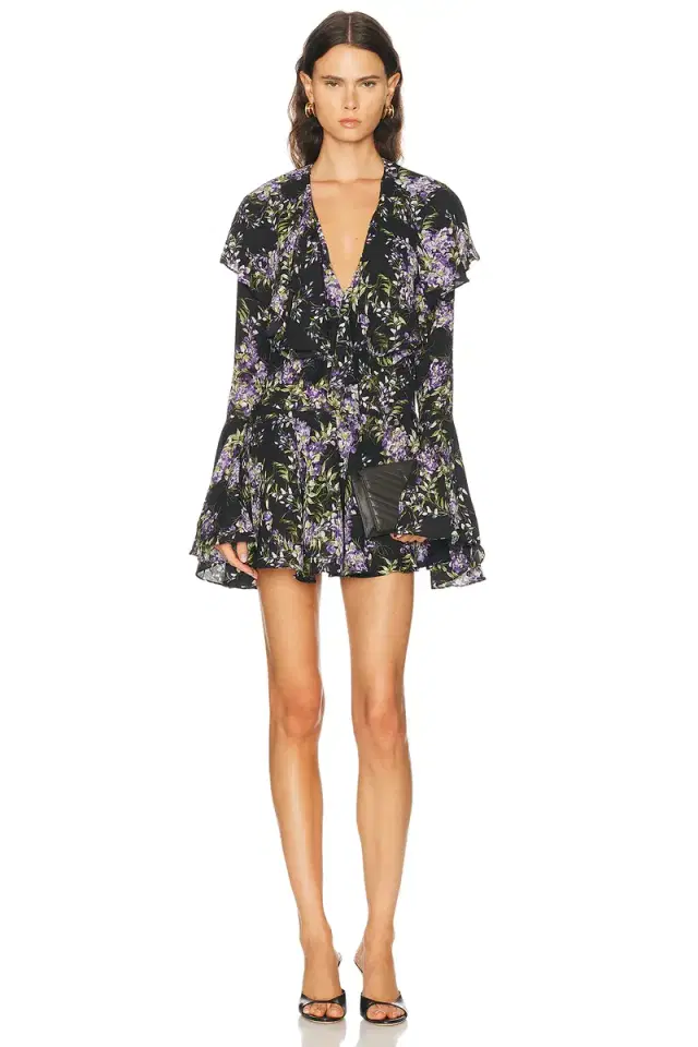 Norma Kamali Long Sleeve Deep V Ruffle Mini Dress