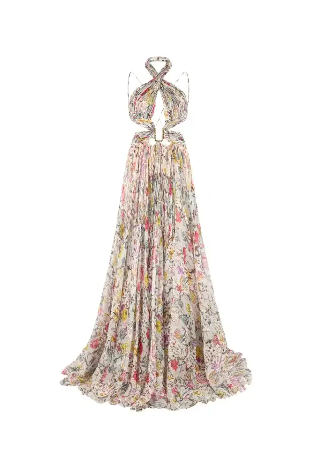 Roberto Cavalli Long Chiffon Dress with Florentine Flowers Print