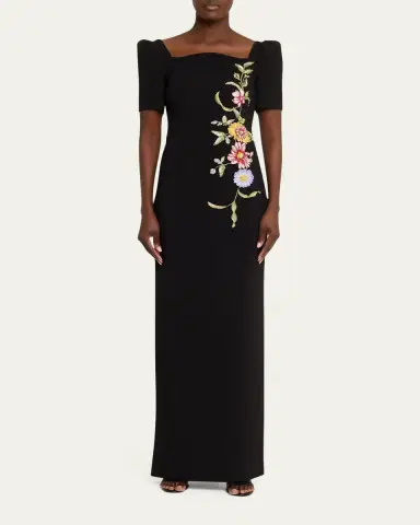 Rickie Freeman for Teri Jon Scalloped Crepe Short-Sleeve Embroidered Gown | Thumbnail 2 Rickie Freeman for Teri Jon Scalloped Crepe Short-Sleeve Embroidered Gown | Thumbnail 2