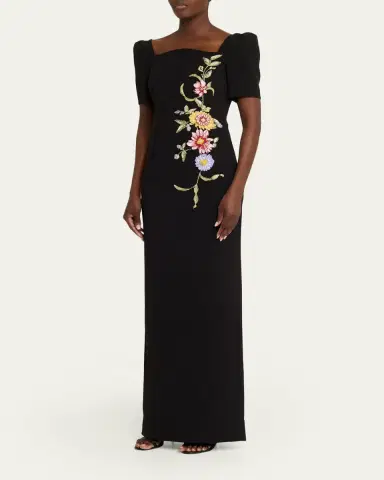 Rickie Freeman for Teri Jon Scalloped Crepe Short-Sleeve Embroidered Gown | Thumbnail 4 Rickie Freeman for Teri Jon Scalloped Crepe Short-Sleeve Embroidered Gown | Thumbnail 4