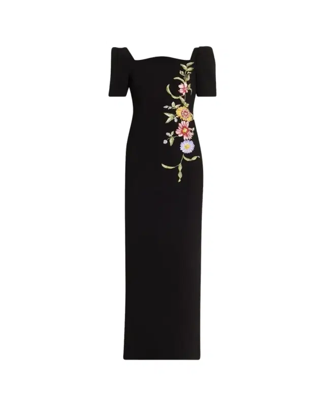 Scalloped Crepe Short-Sleeve Embroidered Gown Scalloped Crepe Short-Sleeve Embroidered Gown