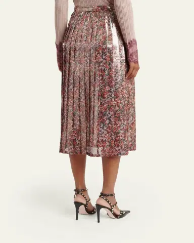Valentino Garavani Metallic Silk Floral Pleated Midi-Skirt | Thumbnail 3