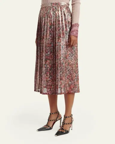 Valentino Garavani Metallic Silk Floral Pleated Midi-Skirt | Thumbnail 4