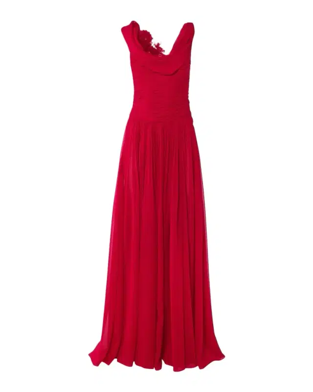 Carolina Herrera Flower Draped Off-The-Shoulder Silk Chiffon Gown