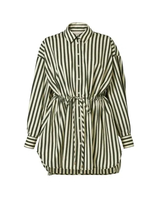 Carolina Herrera Striped Long-Sleeve Drawstring Mini Shirtdress