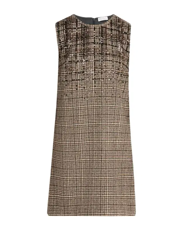 Brunello Cucinelli Sequined Plaid Jacquard Sleeveless Dress