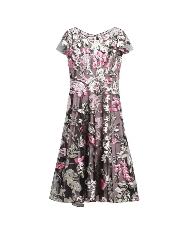 Naeem Khan Sequin Floral Short-Sleeved Tea Dress