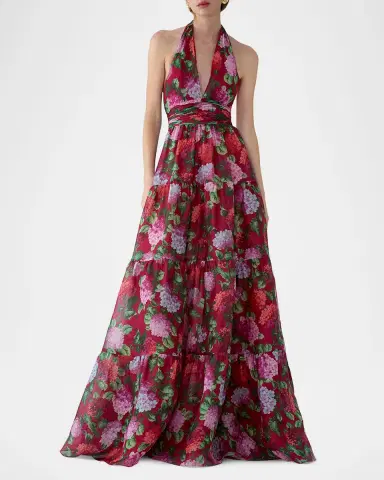 Carolina Herrera Halter Neck Tiered Floral Silk Gown | Thumbnail 2 Carolina Herrera Halter Neck Tiered Floral Silk Gown | Thumbnail 2