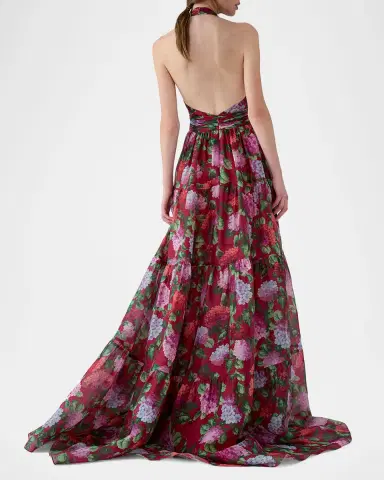 Carolina Herrera Halter Neck Tiered Floral Silk Gown | Thumbnail 3 Carolina Herrera Halter Neck Tiered Floral Silk Gown | Thumbnail 3