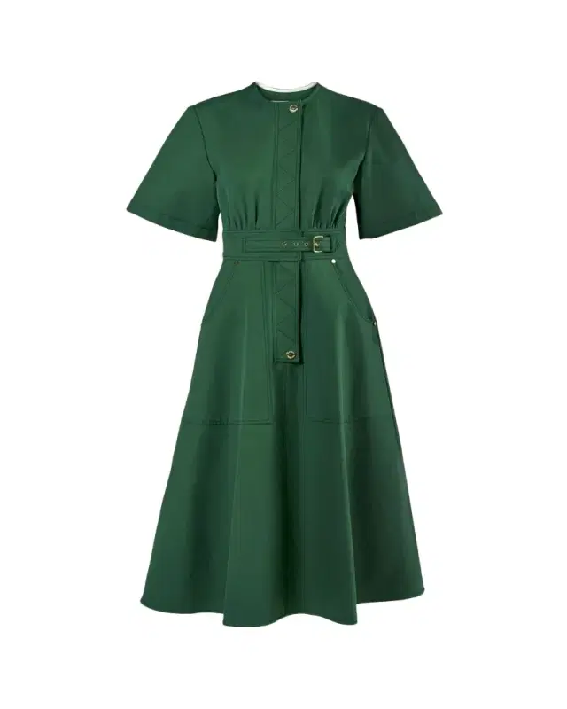 Carolina Herrera Short-Sleeve Belted Cotton A-Line Midi Dress