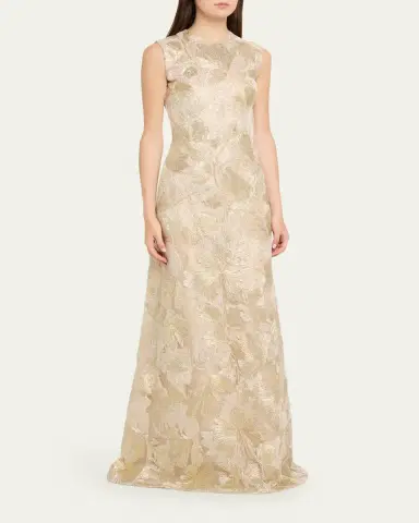 Reem Acra Metallic Floral Embroidered Sleeveless Gown | Thumbnail 4