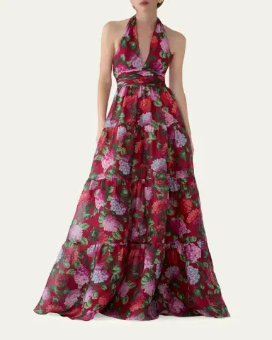 Carolina Herrera Halter Neck Tiered Floral Silk Gown | Thumbnail 2 Carolina Herrera Halter Neck Tiered Floral Silk Gown | Thumbnail 2