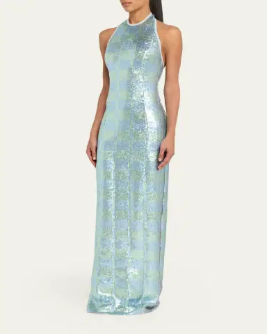 Markarian Nerine Gingham Sequined Halter Column Gown | Thumbnail 4