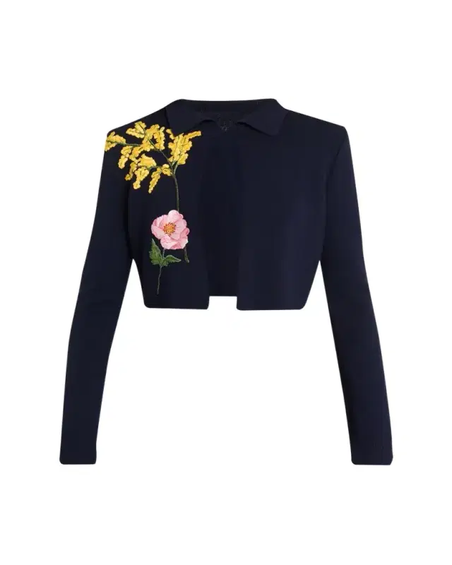 Oscar de la Renta Floral Embroidered Wool Crop Collared Cardigan