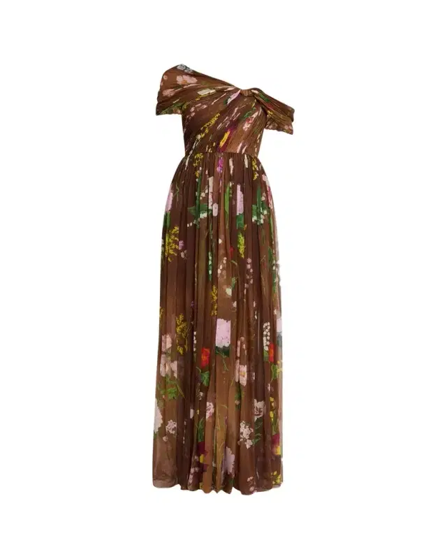 Oscar de la Renta One-Shoulder Mixed Botanical Silk Chiffon Gown