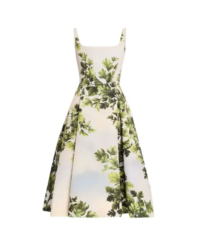 Oscar de la Renta Sleeveless Foliage-Print Faille Square-Neck Midi Dress