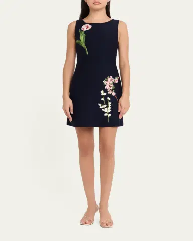 Oscar de la Renta Sleeveless Floral Embroidered Wool Knit Mini Dress | Thumbnail 2
