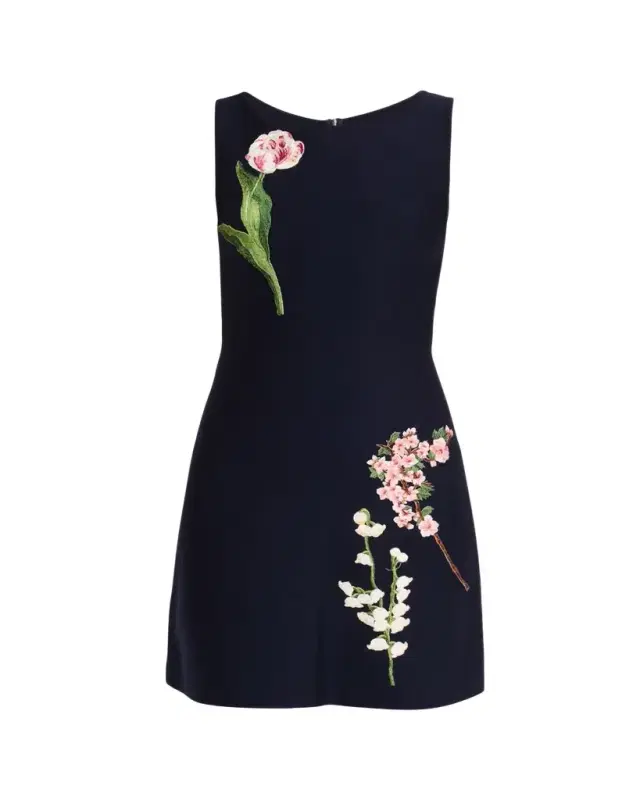 Oscar de la Renta Sleeveless Floral Embroidered Wool Knit Mini Dress