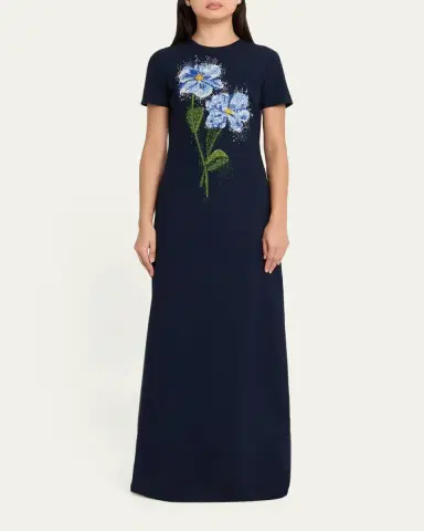 Oscar de la Renta Floral Beaded Short-Sleeve A-Line Gown | Thumbnail 2 Oscar de la Renta Floral Beaded Short-Sleeve A-Line Gown | Thumbnail 2