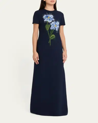 Oscar de la Renta Floral Beaded Short-Sleeve A-Line Gown | Thumbnail 4 Oscar de la Renta Floral Beaded Short-Sleeve A-Line Gown | Thumbnail 4