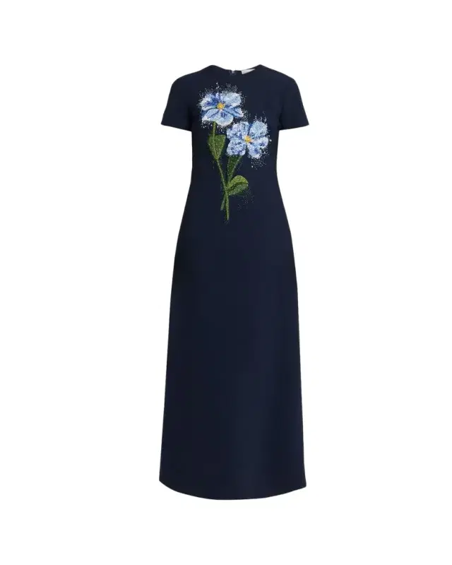 Oscar de la Renta Floral Beaded Short-Sleeve A-Line Gown