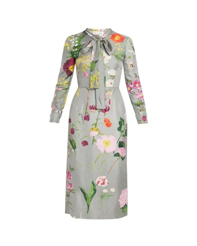 Oscar de la Renta Long-Sleeve Mixed Botanical Silk Scarf-Neck Midi Dress